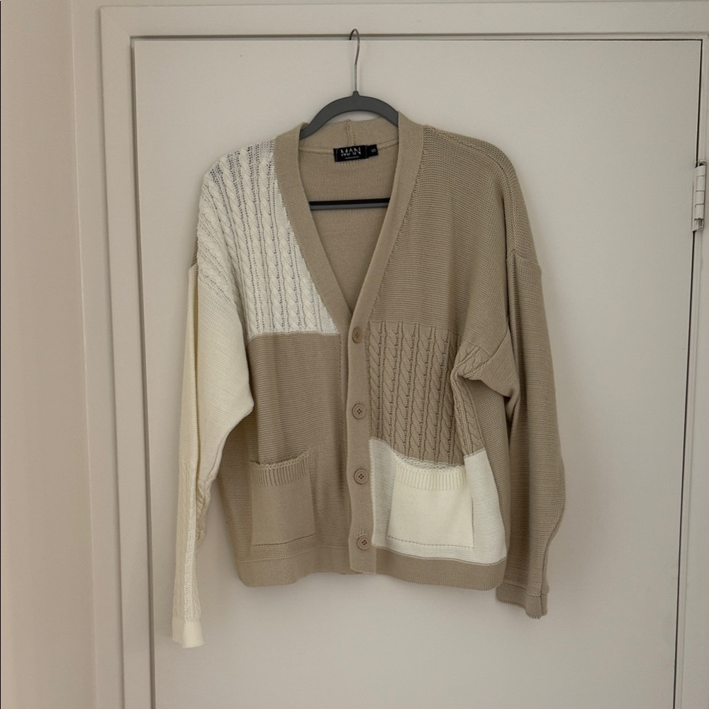 Boohoo Mens Beige and Cream Patchwork Cardigan